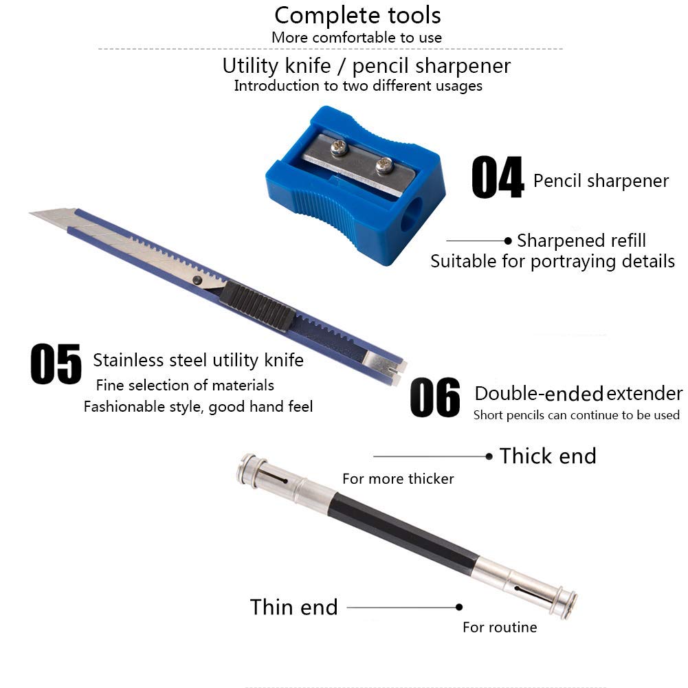 NYONI Sketching Pencils Set, Metal Box Packaging, Including Graphite Pencils、Charcoal Pencils、Blending Stumps and other tools for drawing (A set with 29pieces).