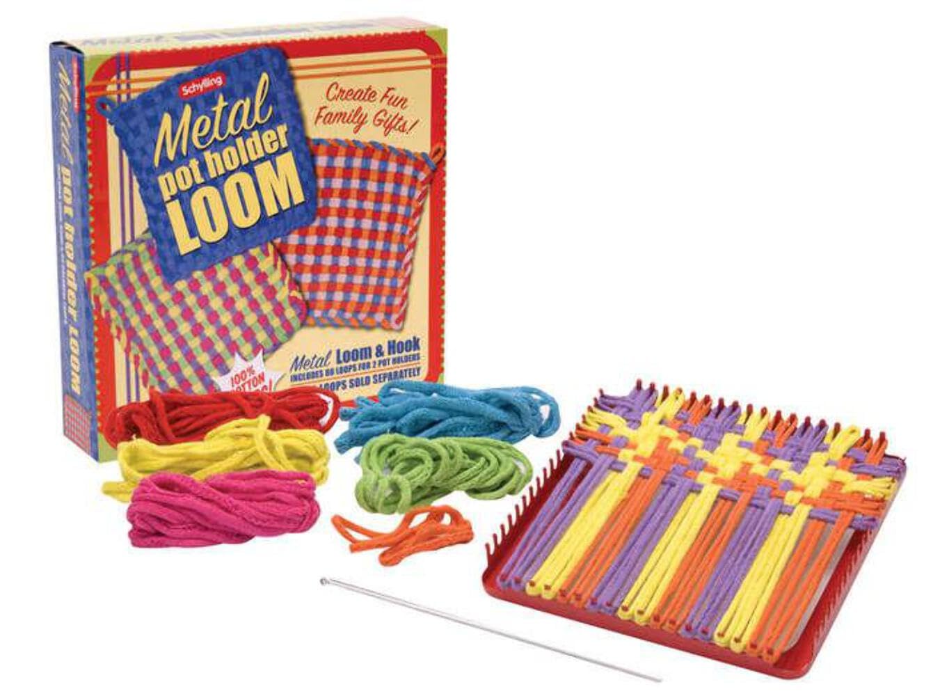 Schylling Metal Pot Holder Loom Kit - Classic Durable Weaving Frame to Make Pot Holders - Includes Loom, Hook, Instructions, and 80 Colorful Cotton Loops - Ages 5 and Up