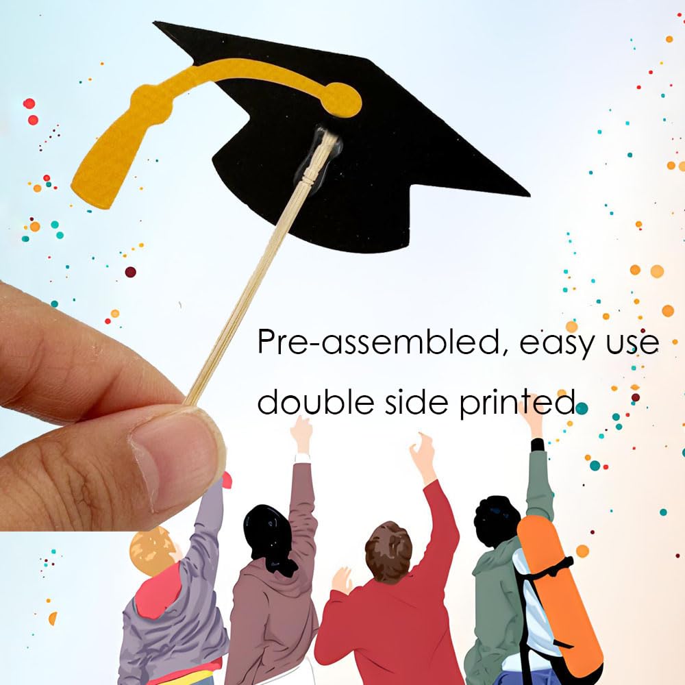 YuBoBo 2026 Graduation Cupcake Toppers, 48 PCS Food/Appetizer Picks For Graduation Party Mini Cake Decorations, Diploma, 2026, Grad Cap Set 48 Pieces (01 Gold)
