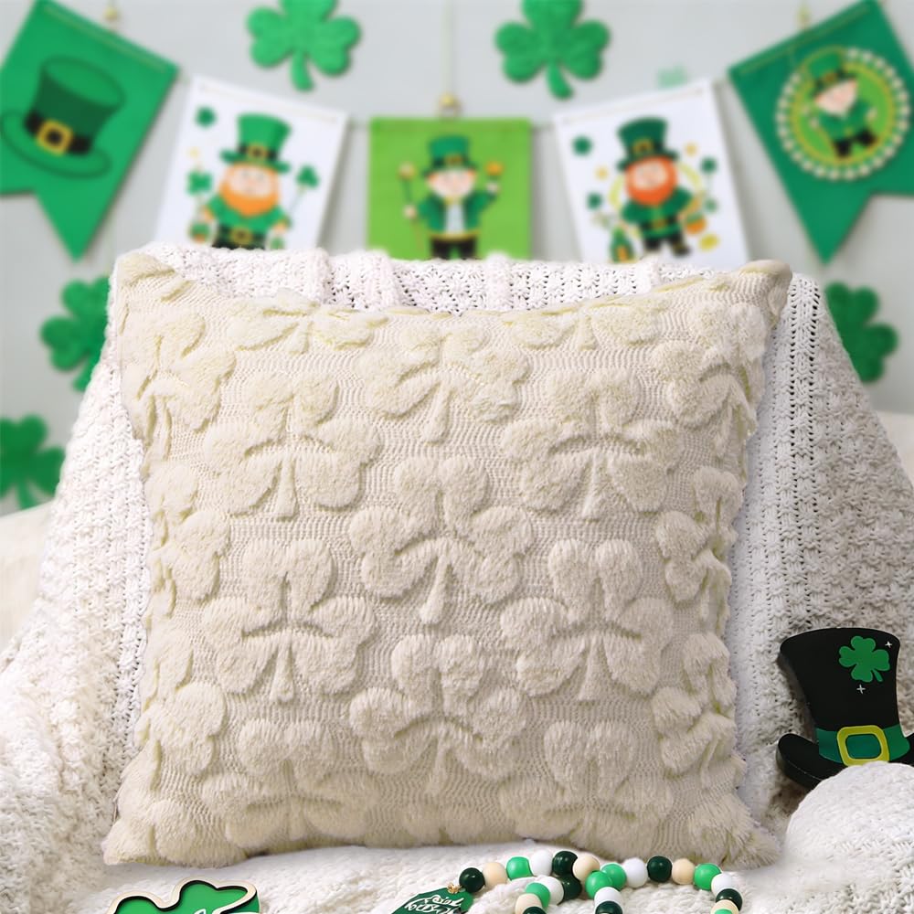 St Patrick’s Day Pillow Covers Set of 2,Beige Shamrock Irish Soft Plush Fluffy Faux Fur Jacquard Decorative St. Patrick’s Day Holiday Farmhouse Cushion Case for Sofa 18 x 18 Inch