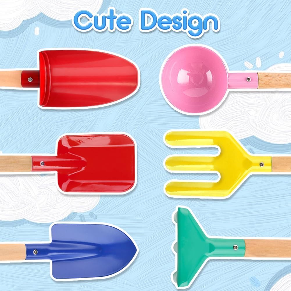 UMUACCAN Beach Toys for Kids, 6Pcs 8'' Kids Gardening Tools Sand Toys Set, Metal Garden Tools with Sturdy Wooden Handle, Cylinder, Spoon, Fork, Rake, Flat & Pointed Shovel, Gifts for Children