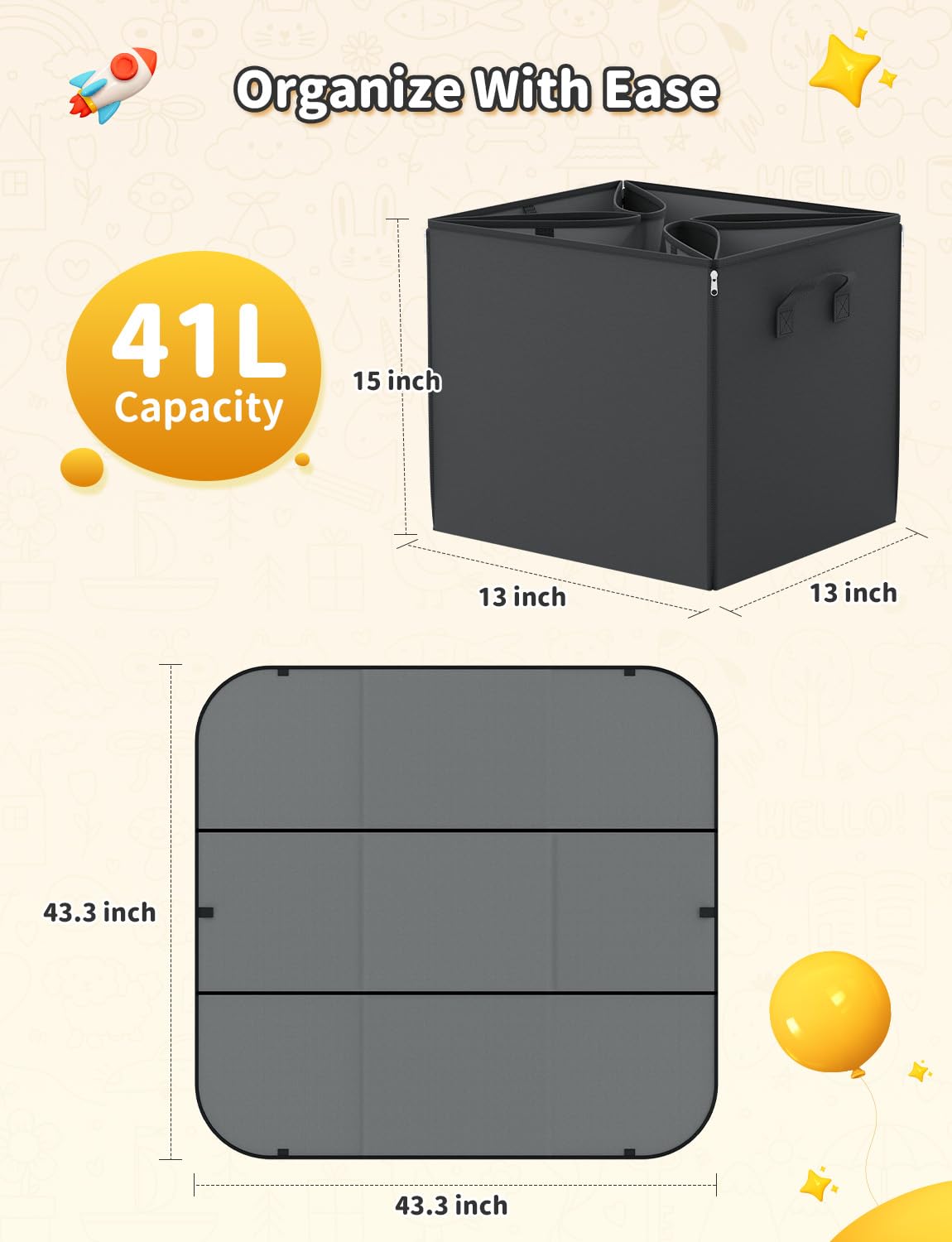 Toy Storage Organizer & Play Mat 43.3", Large 15×13×13" Collapsible Storage Cube Bin with Handles for Building Bricks, Boys, Girls, Playroom, Nursery (M, Black)