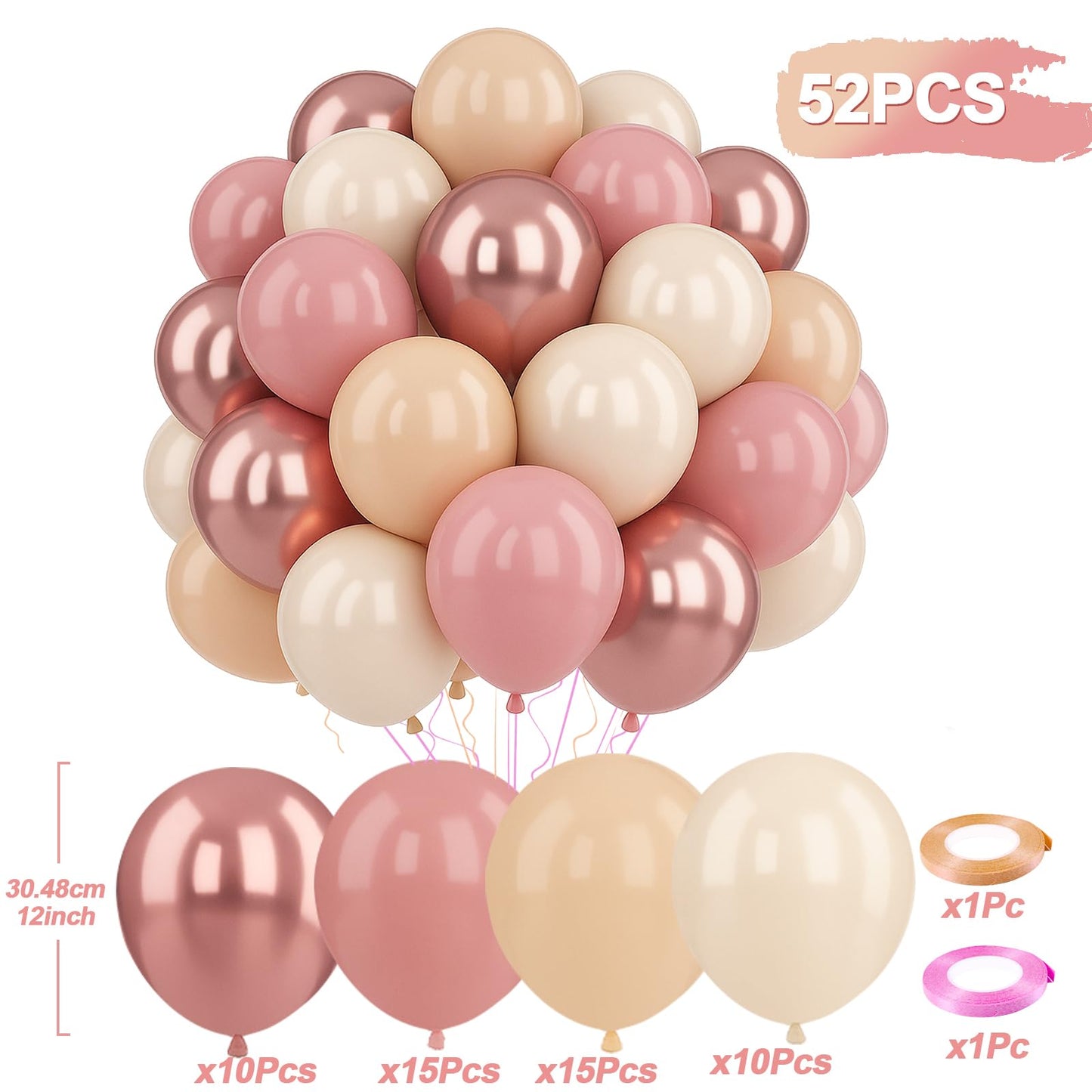 Patimate Retro Blush Pink Balloons Set, 50 pcs 12 inch Metallic Rose Gold Dusty Pink Pastel Orange Nude Latex Balloons Kit for Birthday Bridal Shower Bachelorette Boho Baby Shower Party Decorations