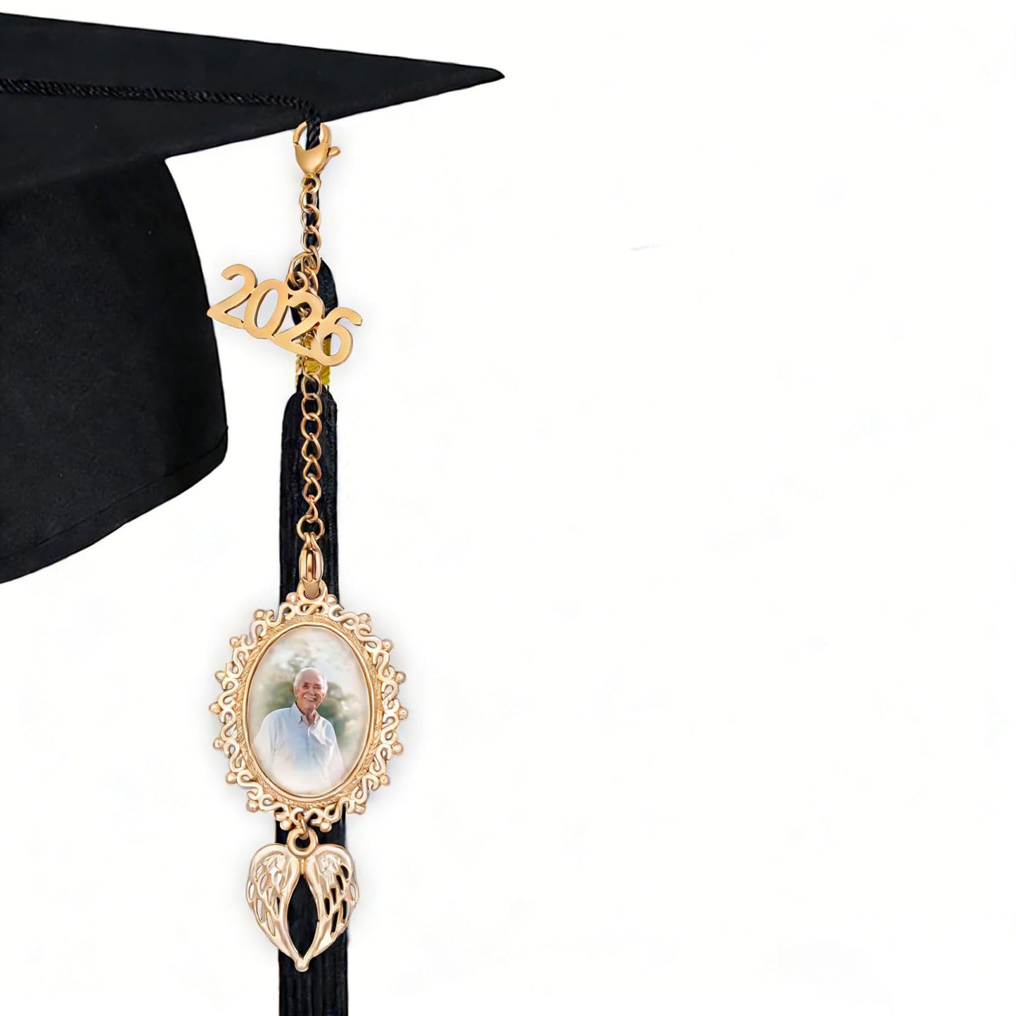 ARHTF Graduate Memorial Photo Charm Tassel Memorial Charm Class of 2026 Graduation 2026 DIY in Memory Mortarboard Decoration for Cap and Gown Ceremony Charms (gold heart tassel)