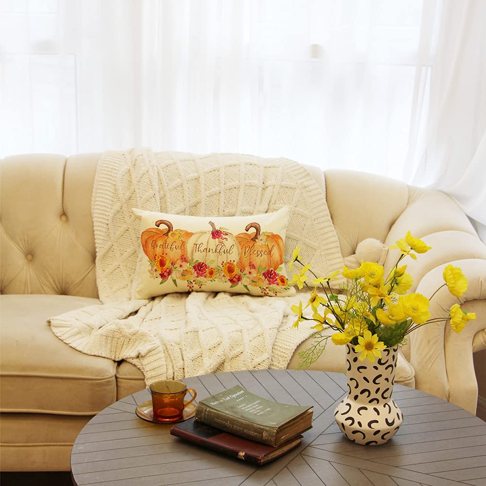 Ogiselestyle Pumpkin Lumbar Throw Pillow Cover 12 x 20 Inch Autumn Thanksgiving Farmhouse Harvest Cushion Case Decoration for Sofa Couch