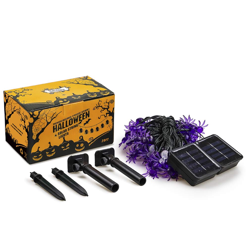 Qunlight Solar String Lights, 2Pack 30 LED 20ft Purple Spider Lights with 8 Modes Waterproof Fairy Lighting for Halloween Party Decor, House, Garden, Yard Decoration