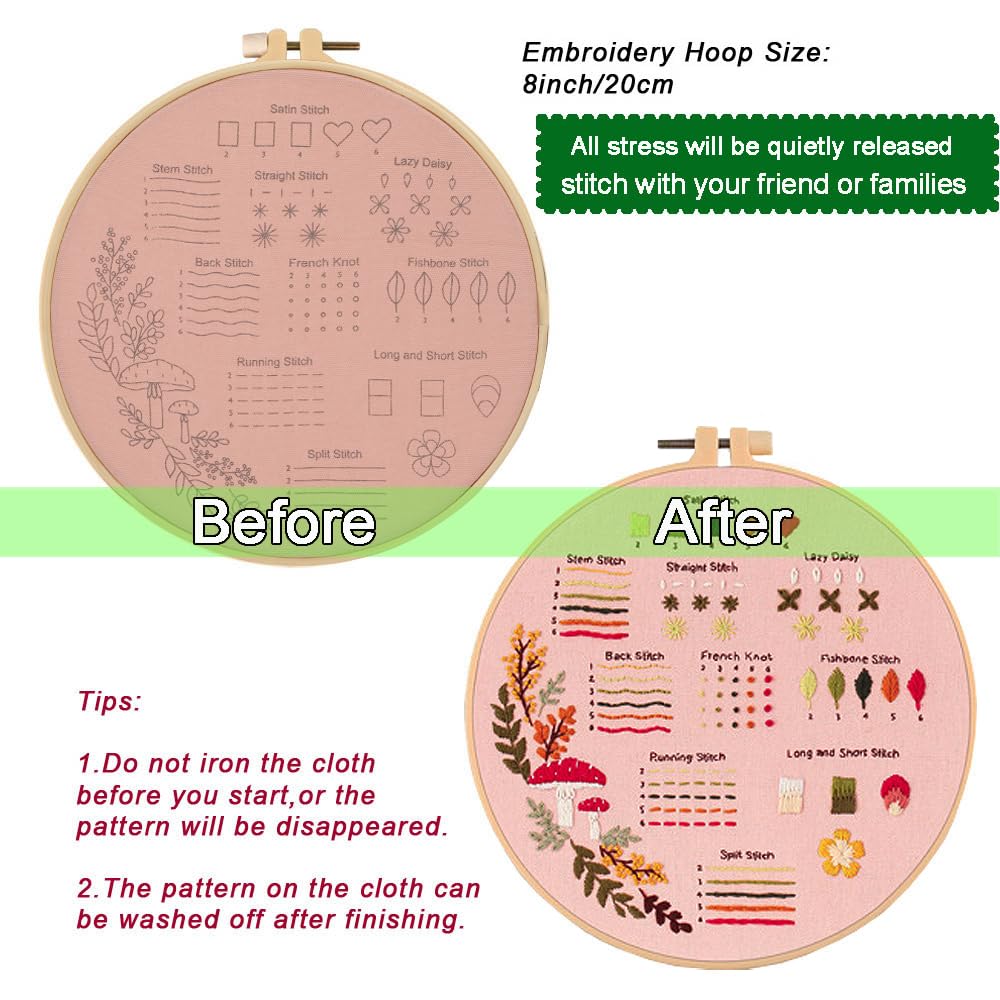 Hand Embroidery Kit for Beginners, 4 Sets Learn to Floral Patterns Simple Beginner Starter kit for Adults, 33 Stitches Easy Embroidery Practice Kit, 7.8inch Hoop