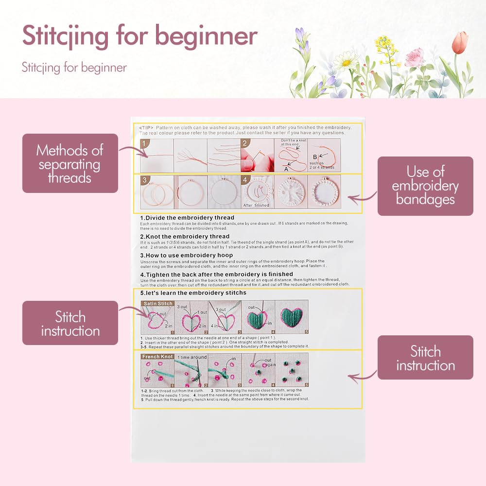 5 Pack embroidery kit for beginners Adults DIY Starter Kit,Sunflower Gifts for Women Cross Stitch Kits with Flower Stamped Patterns, Embroidery Hoop, Tools,Colorful Threads,Hand Craft Lover Gift