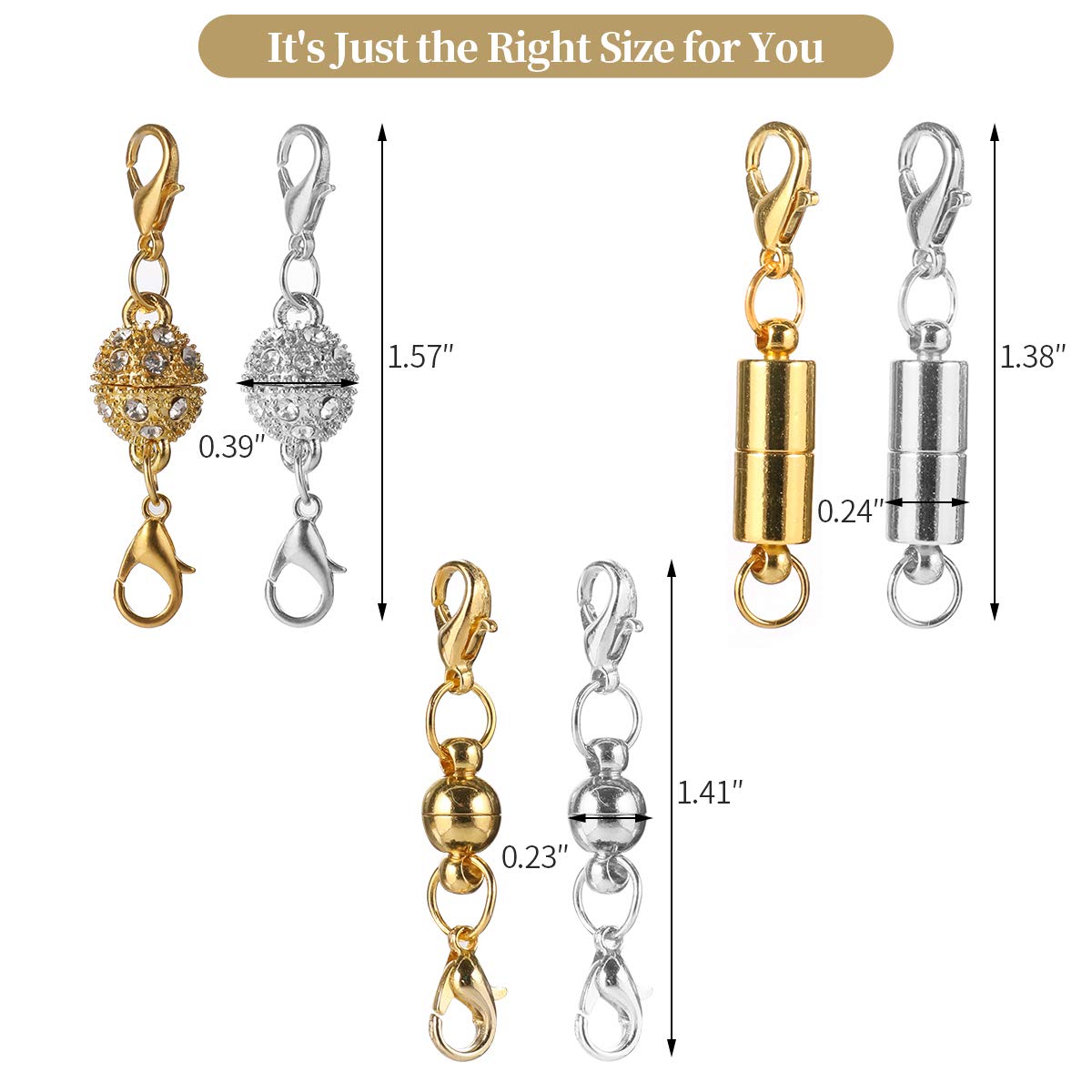 Aiskaer 16 Pcs Magnetic Lobster Clasps for Jewelry Necklace Bracelet, Rhinestone Ball and Cylindrical + Ball Tone Lobster Clasp