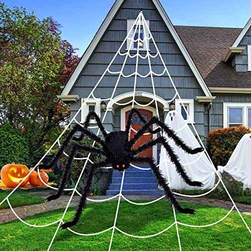 KUCHEY Halloween Decorations Outdoor 200'' Triangular Spider Web + 47'' Giant Fake Spiders, Halloween Decor Indoor Clearance for Home Outside Yard Costumes Party Haunted House Garden Lawn