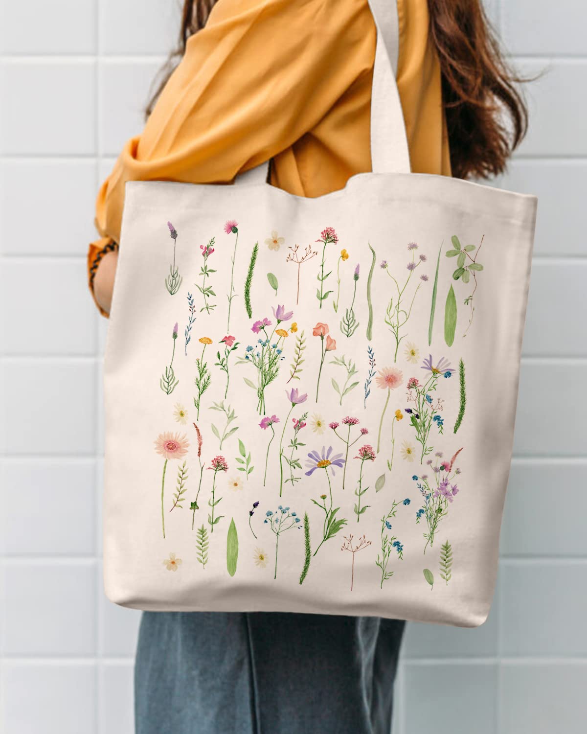 AUSVKAI Canvas Tote Bag Aesthetic for Women, Cute Trendy Wildflowers Reusable Cloth Cotton Bags with Handle for Grocery college Shopping Beach