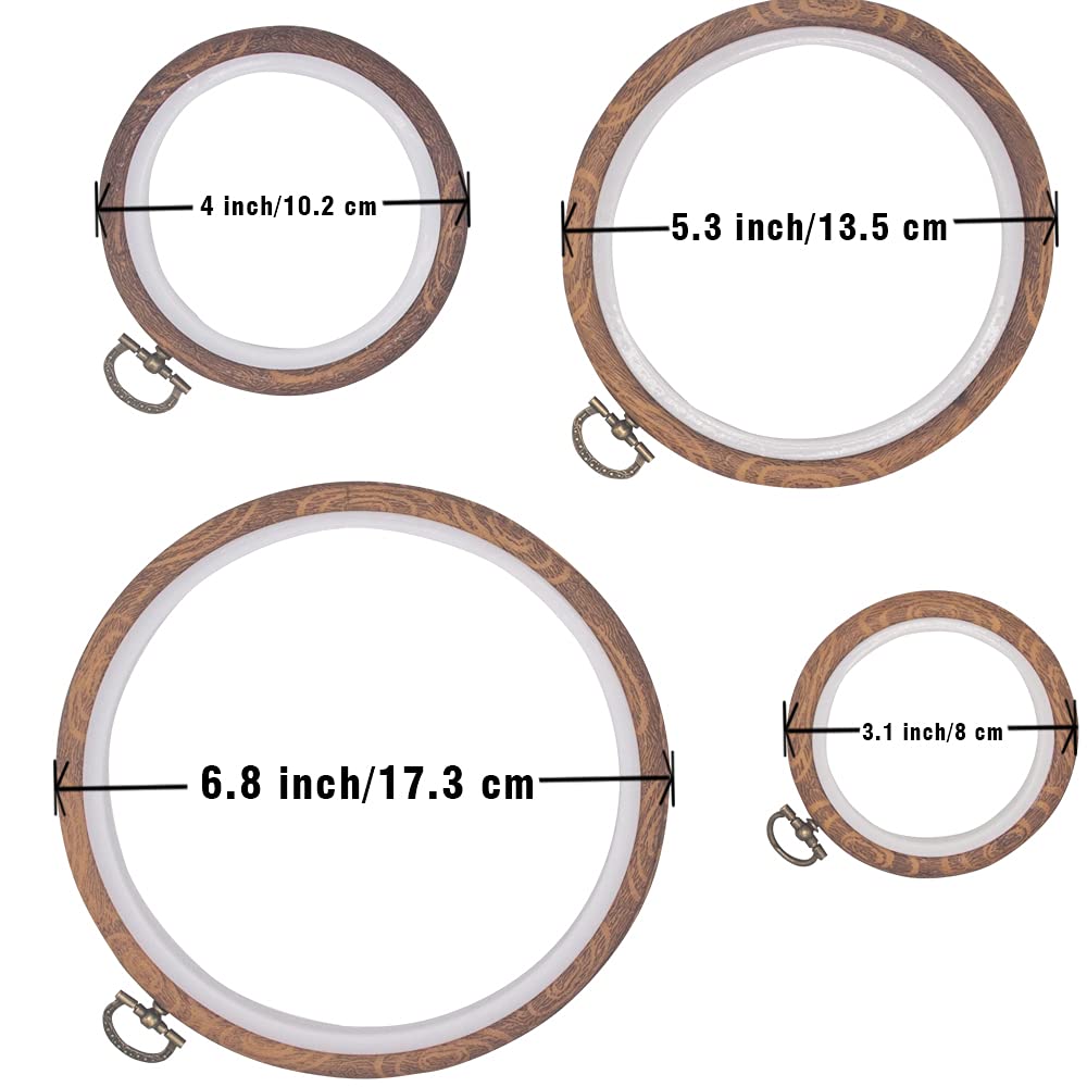 4 Pieces Embroidery Hoop Ring Plastic Cross Stitch Hoops Set Imitated Wood Display Frame Circle and Oval Embroidery Kits for Art Craft Sewing and Hanging,With 16pcs Gold Eye Sewing Needles