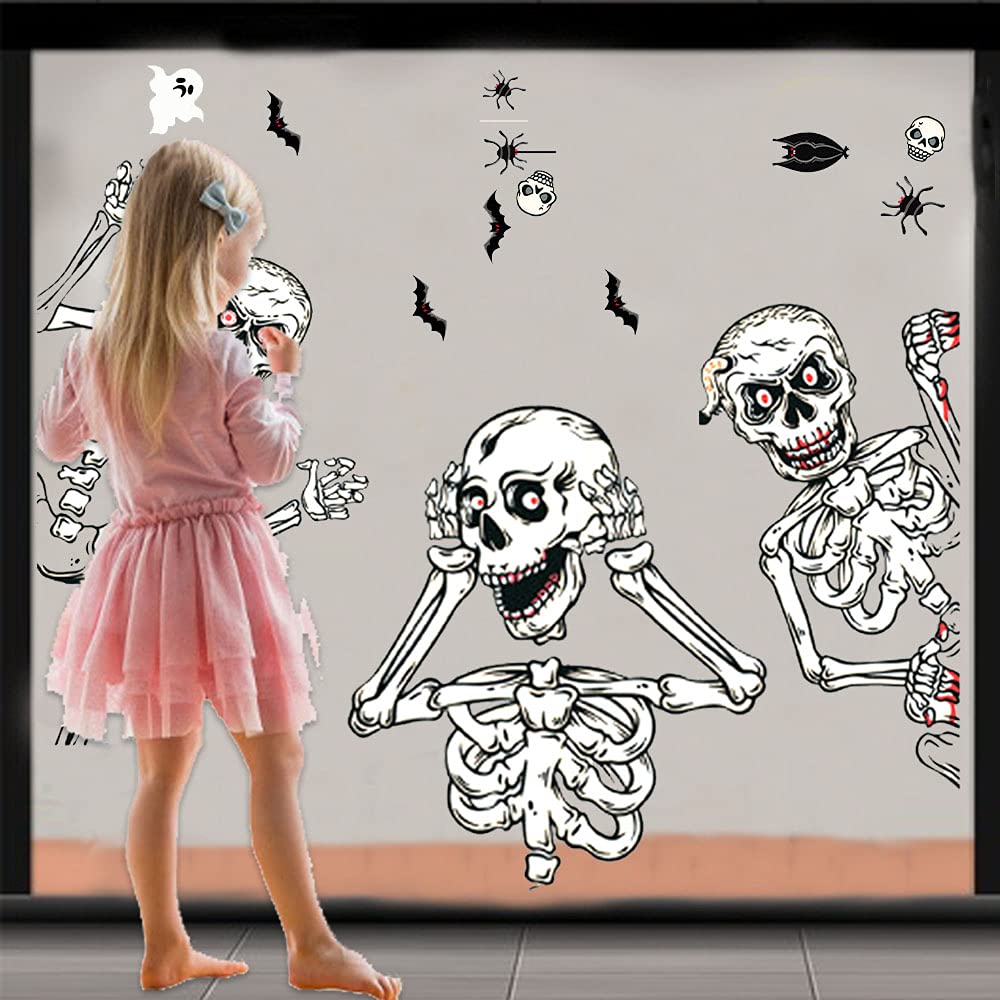 Halloween Skeletons Window Clings 4 Sheets Removable Skull Window Stickers Decals for Day of The Dead Fall Haunted House Party Glass Decoration Supplies
