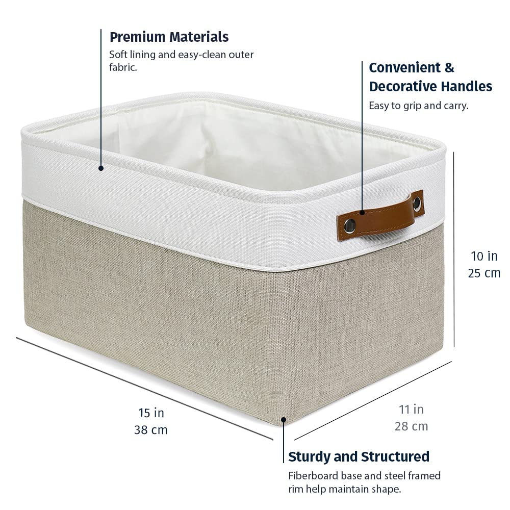 Large Fabric Storage Baskets for Shelves 3 Pack, 15x11in Closet Storage Bins for Shelves, Cloth Baskets for Organizing, Linen Closet Organizers, Fabric Basket, Beige/White