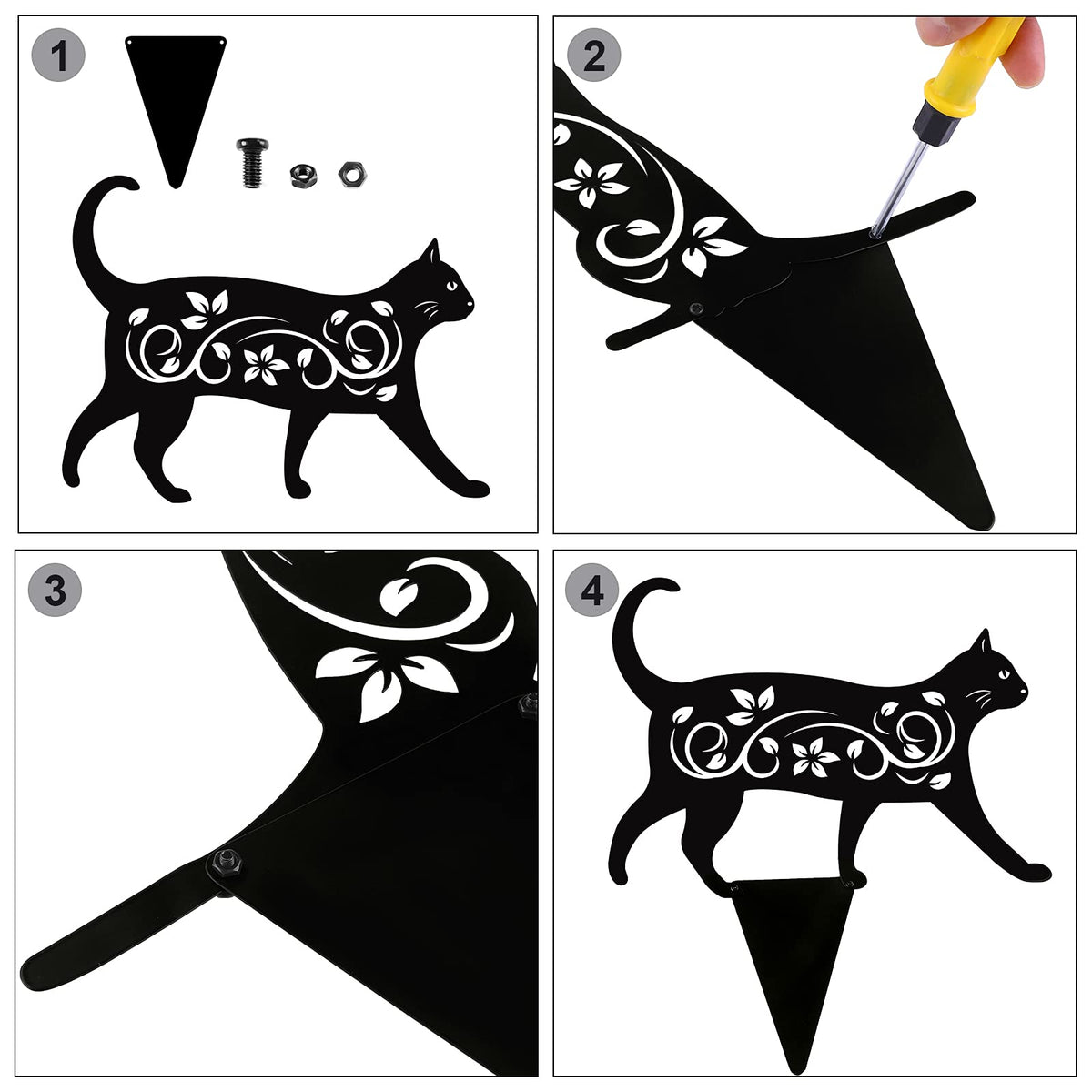 Elcoho 4 Pack Black Cat Silhouette Cute Metal Cat Garden Statues Bird Repellent Decorative Garden Stakes for Yard, Garden, Lawn Outdoor Decorations