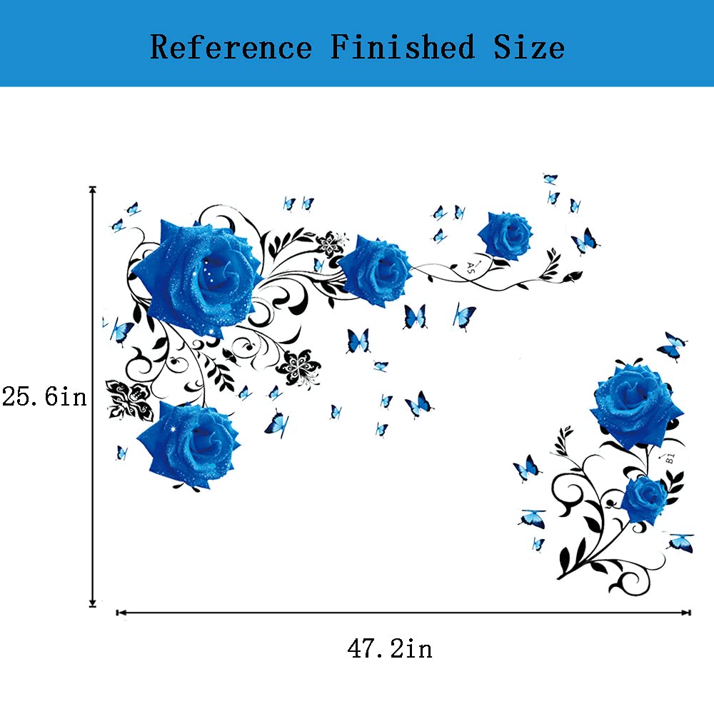 Supzone Blue Rose Wall Stickers Rose Flower Vine Wall Decal Blue Peony Floral Wall Decor DIY Vinyl Mural Art for Bedroom Living Room Sofa Backdrop TV Wall Decoration