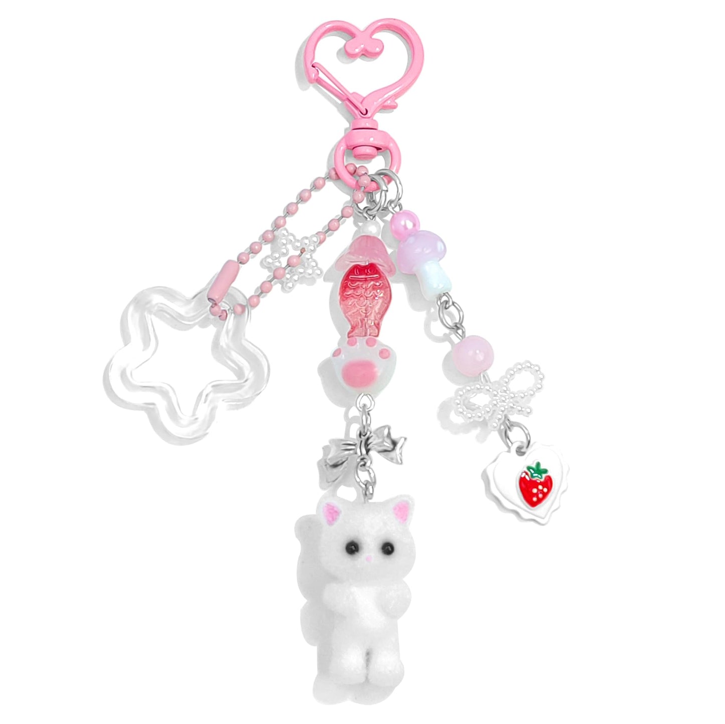 Nalefow Cute Pink Keychain, Fuzzy Cat Keychain Aesthetic Y2K KeychainCharms Stylish KeychainsAccessories for Bag Charms Purse Gifts (1PCS Pink White Cat)