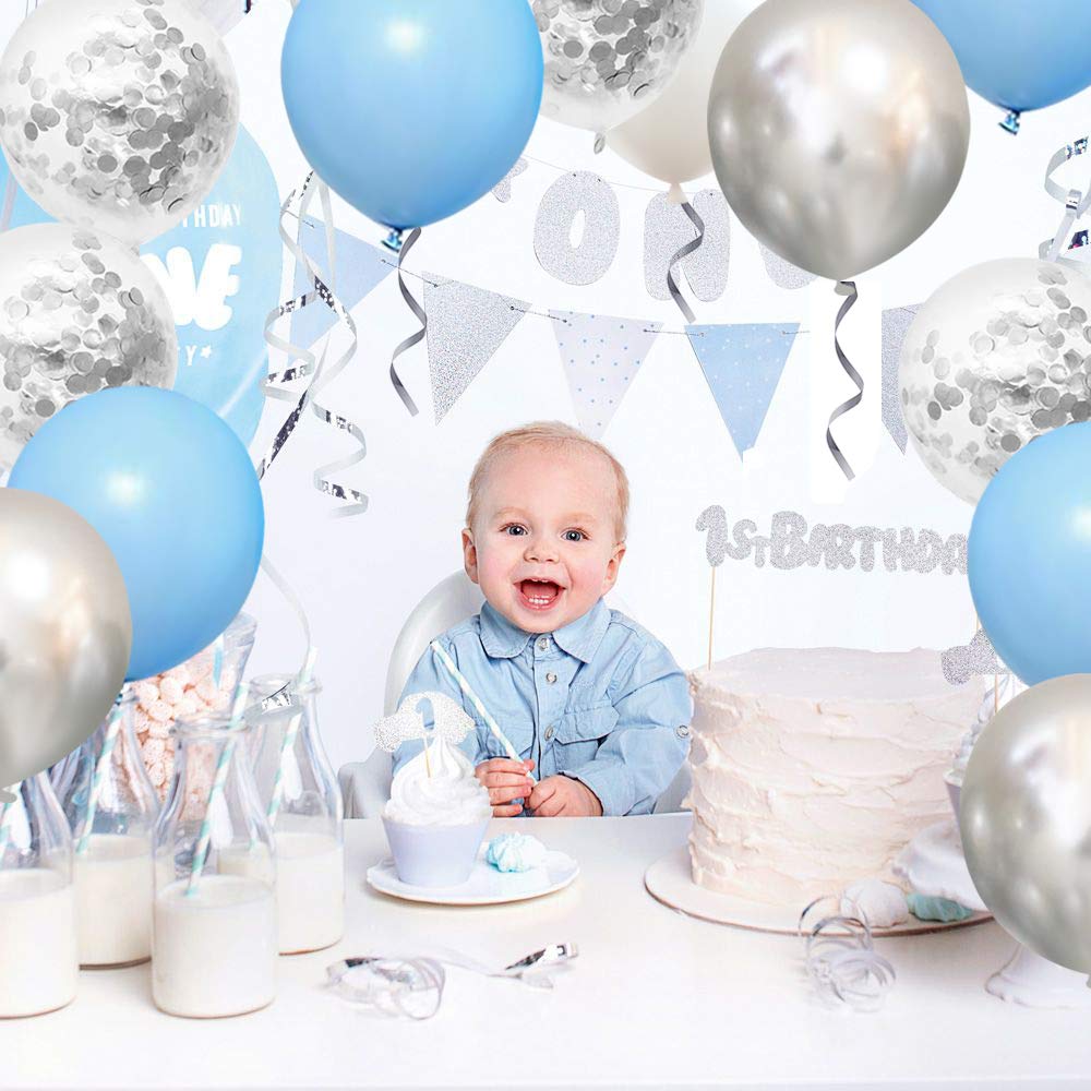Blue White Silver Confetti Balloons, 50pcs 12 Inches Latex Party Balloons Helium Balloons for Birthday Bridal Shower Graduation Wedding Decorations