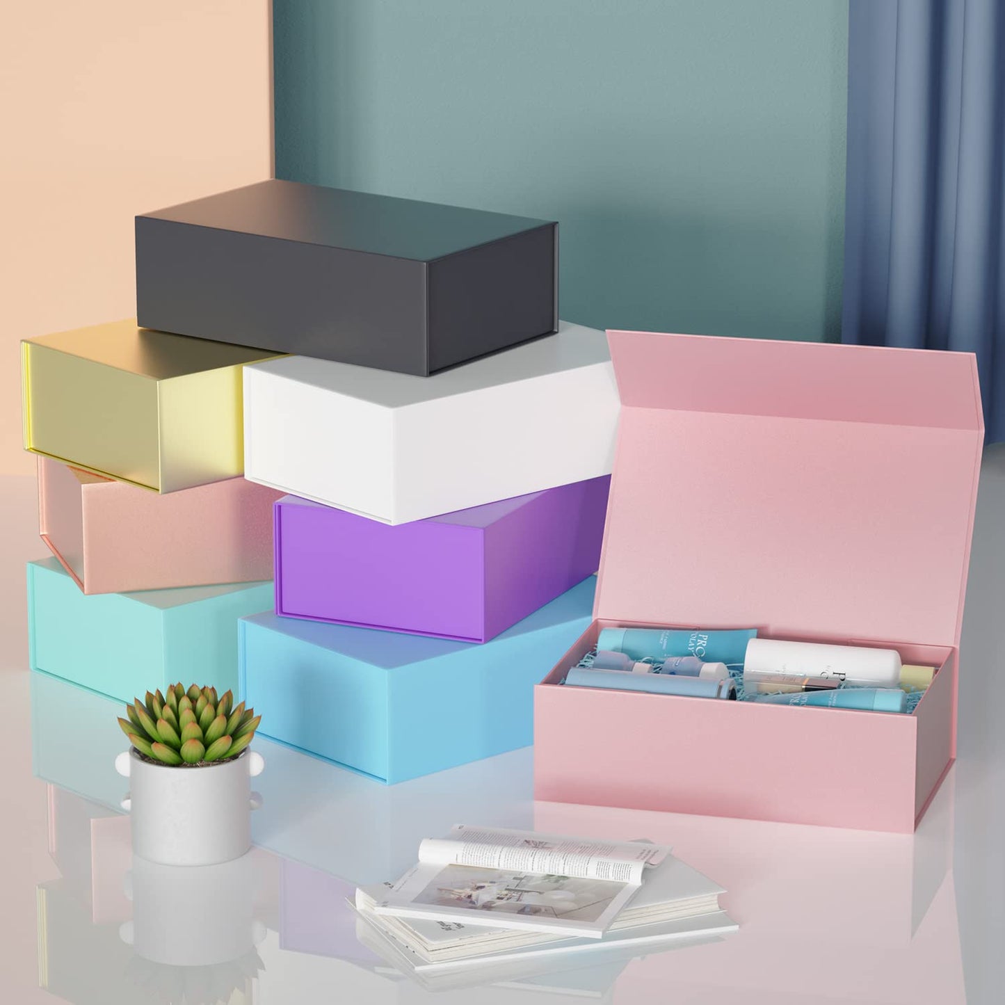 Pink Gift Box, 9.5x6x3'' Gift box for Presents with Lids Magnetic Closure Rectangle Collapsible for Bridesmaid Proposal Box, Wedding, Christmas, Halloween, Birthday Gift Packging