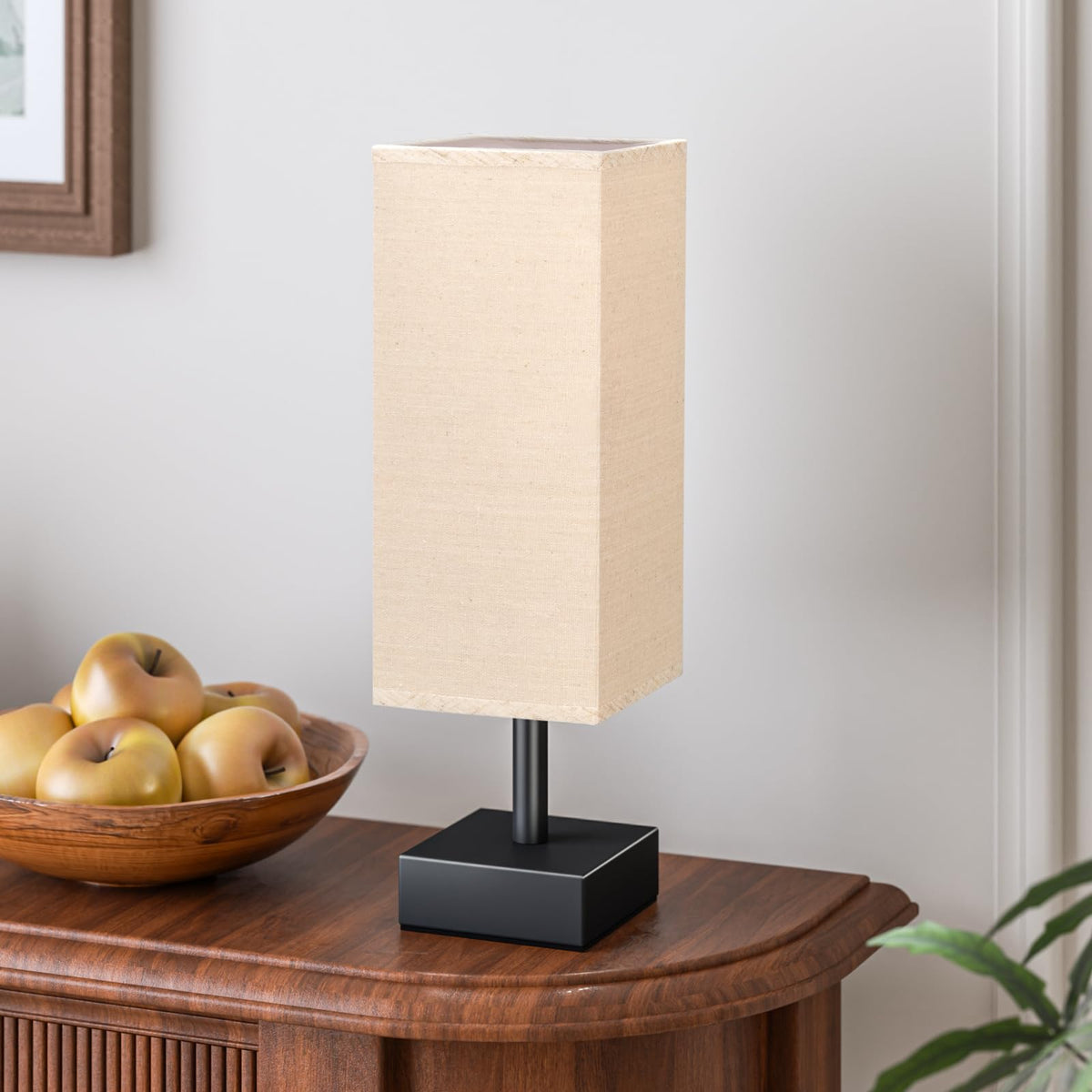 aooshine Small Bedside Table Lamp for Bedroom - Square Beige Fabric Shade