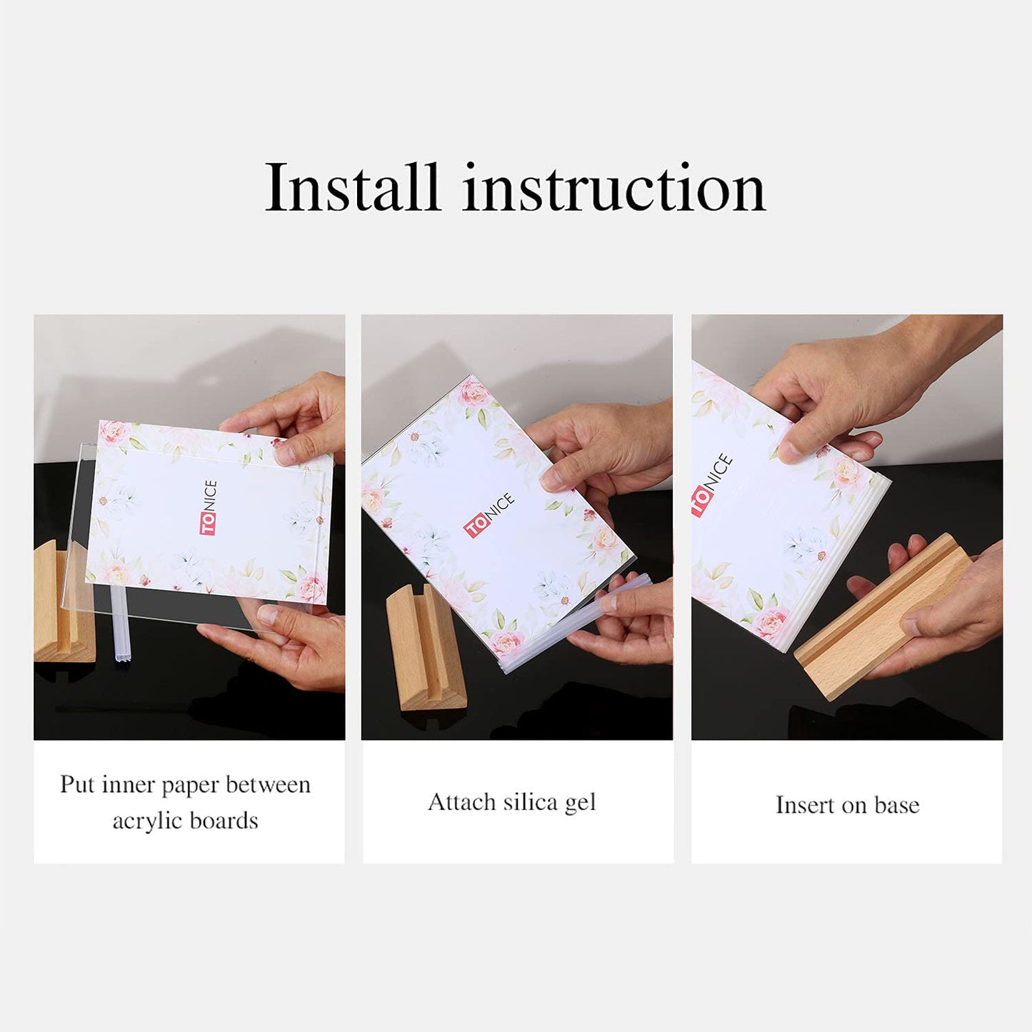 3 Pack 5x7 Acrylic Sign Holder T Shape Clear Acrylic Double Sided Frames with Wood Base Table Menu Display Stand Flyer Display (Optional 8.5x11/5x7 Inch L/T Shape)