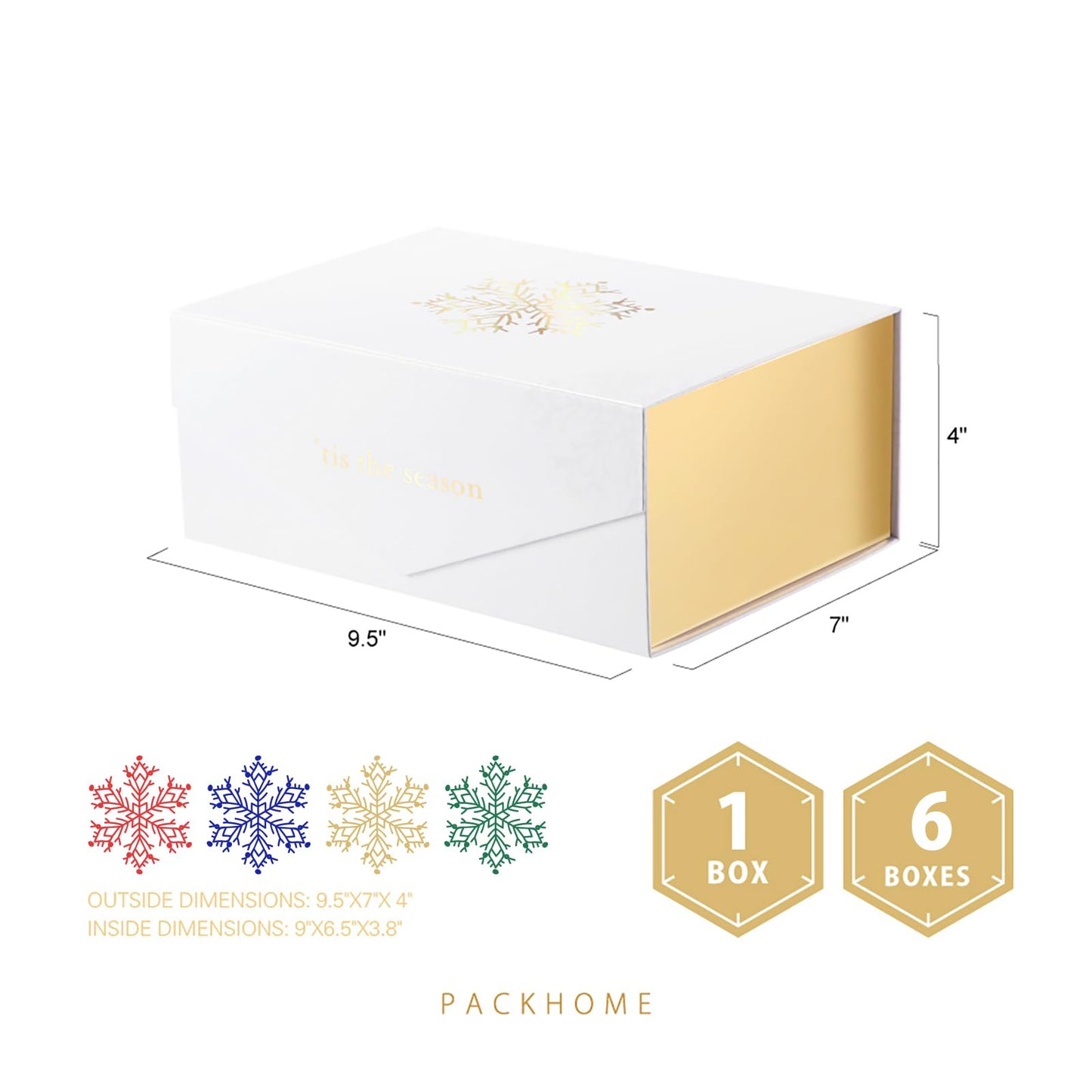 PACKHOME Christmas Gift Box with Lid 9x6.5x3.8 Inches, Rectangle Collapsible Box with Magnetic Lid for Gift Packaging (Gold Snowflake Pattern)