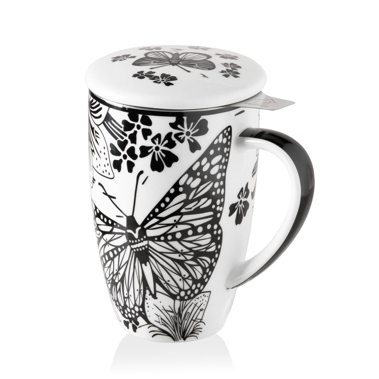 Porcelain Tea Infuser Mug with Lid, 16 oz Teacup with Strainers for Loose Leaf Tea, Microwave and Dishwasher Safe Coffee Mug(Onyx Wing)