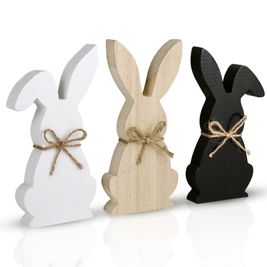Easter Decorations for The Home, 3 pcs Easter Bunny Wooden Table Centerpiece Signs Easter Decor Rustic Tiered Tray Decor Farmhouse Decor for Easter Gifts, Black, White, Natural Wood Color