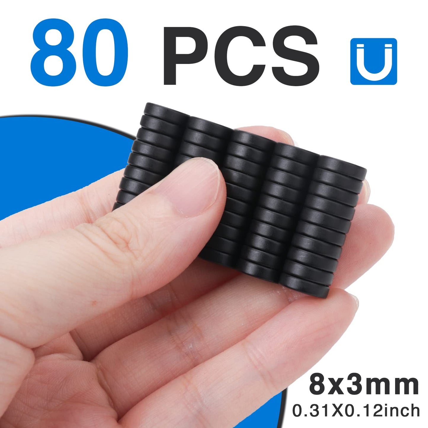 TRYMAG Small Black 8x3mm Disc Magnets, 80Pcs Strong Rare Earth Tiny Black Round Button Magnets for Fridge, Whiteboard, Billboard, Hobbies, Office, DIY