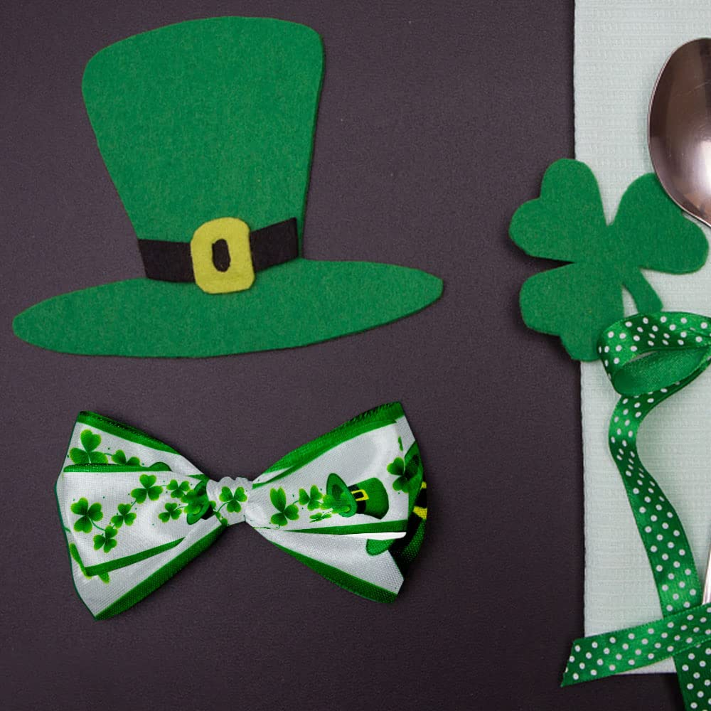St Patrick's Day Ribbons 2.5" 10 Yards, Green White Wired Edge Burlap Ribbon Green Shamrock Hat Wrapping Ribbon for St Patrick's Day Birthday Party Wrapping DIY Craft Decoration Wreaths Bow