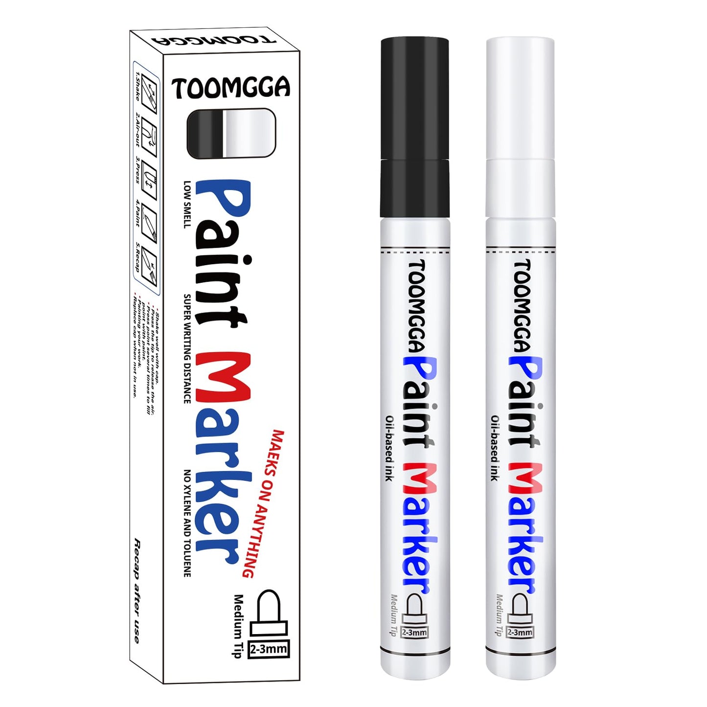 TOOMGGA White and Black Permanent Markers Paint Pens-2 Pack Oil Based Paint Markers, Medium Tip, Quick Drying Paint Pens for Wood, Metal, Rock Painting, Mugs, Fabric, Canvas, Clothes, Plastic Marking