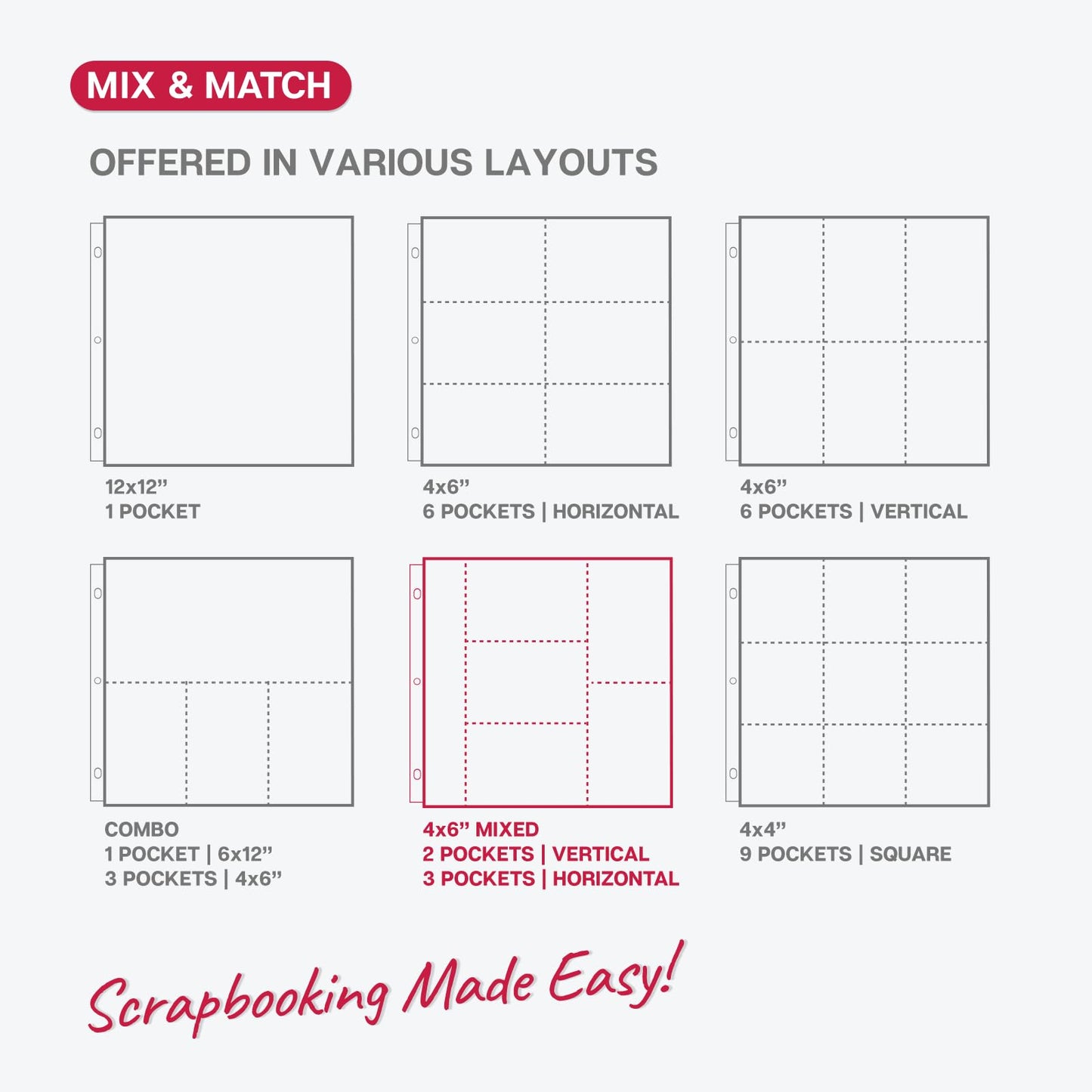 Dunwell 12x12 Photo Album Refill Pages, 25 Pack Holds 250 Photos, 4x6 Photo Sleeves for 3 Ring Binder, Mixed Layout Scrapbook Page Protectors, Acid-Free Poly