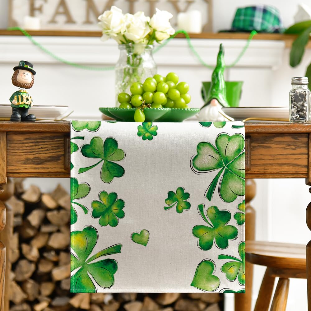 Artoid Mode Green Shamrock Bushes St. Patrick's Day Table Runner, Seasonal Spring Holiday Kitchen Dining Table Decoration for Indoor Outdoor Home Party Decor 13 x 72 Inch
