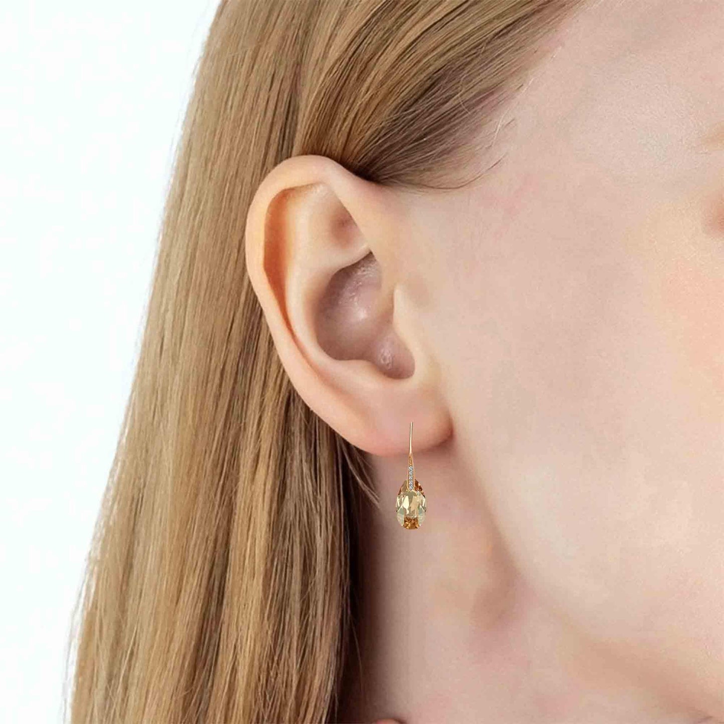 Austrian Crystal Teardrop Dangle Earrings for Women Drop Hook Earring 14K Rose Gold Plated Hypoallergenic Jewelry (Light Topaz)