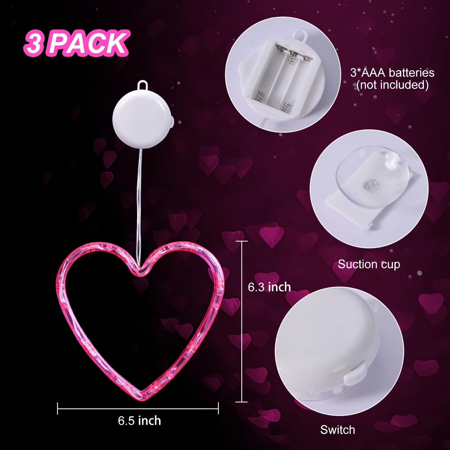 3 Pack Valentines Day Window Lights Decorations with Timer, Battery Powered Hanging Pink Lighted Heart Shaped Sucker LED Lamp for Fireplace Indoor Home Decor