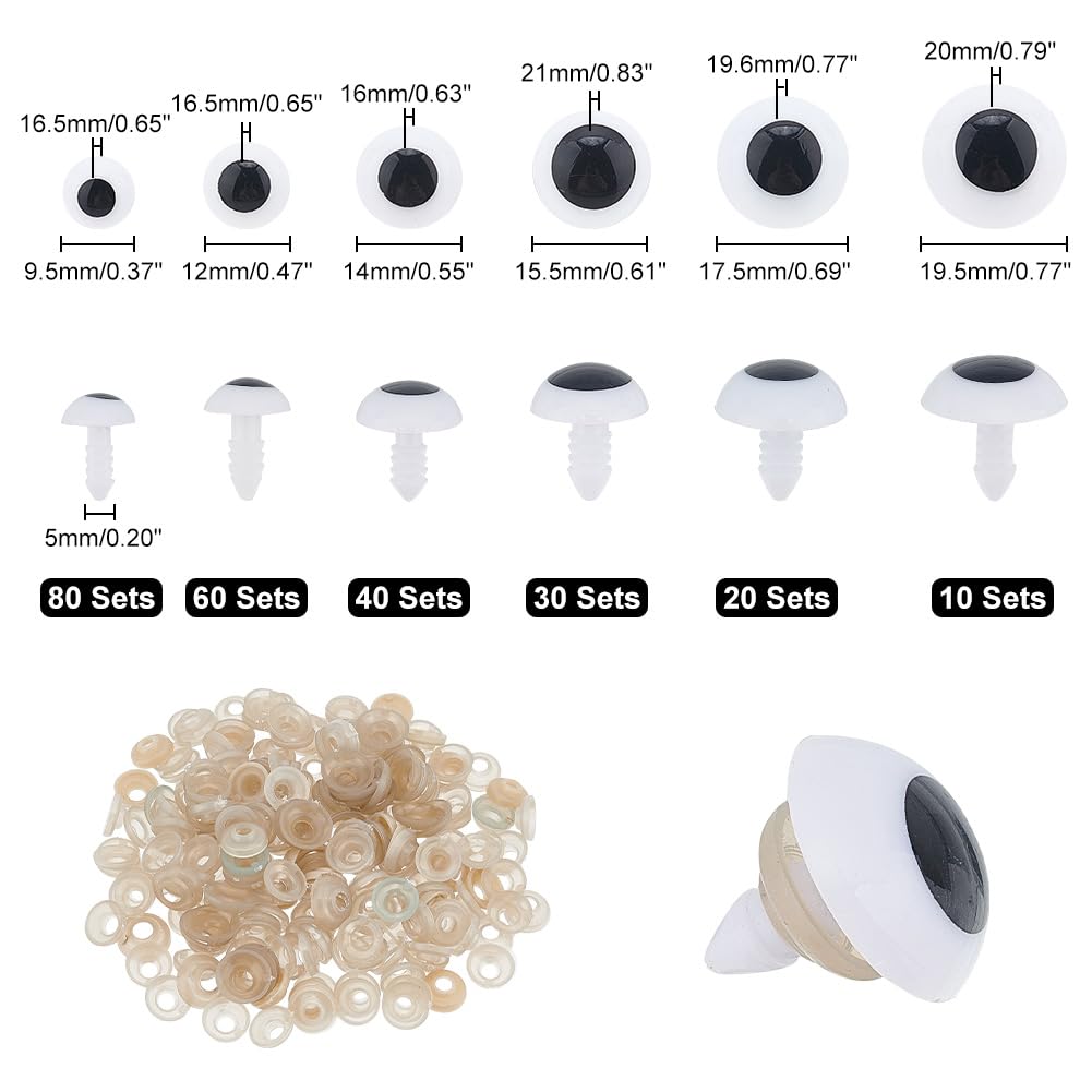 PH PandaHall 240 Sets Safety Eyes 6 Sizes Crochet Eyes Amigurumi Eyes Stuffed Animal Eyes Craft Eyes with Washers for Puppet Teddy Bear Crochet Plush Animal Making 9.5/12/14/15.5/17.5/19.5mm