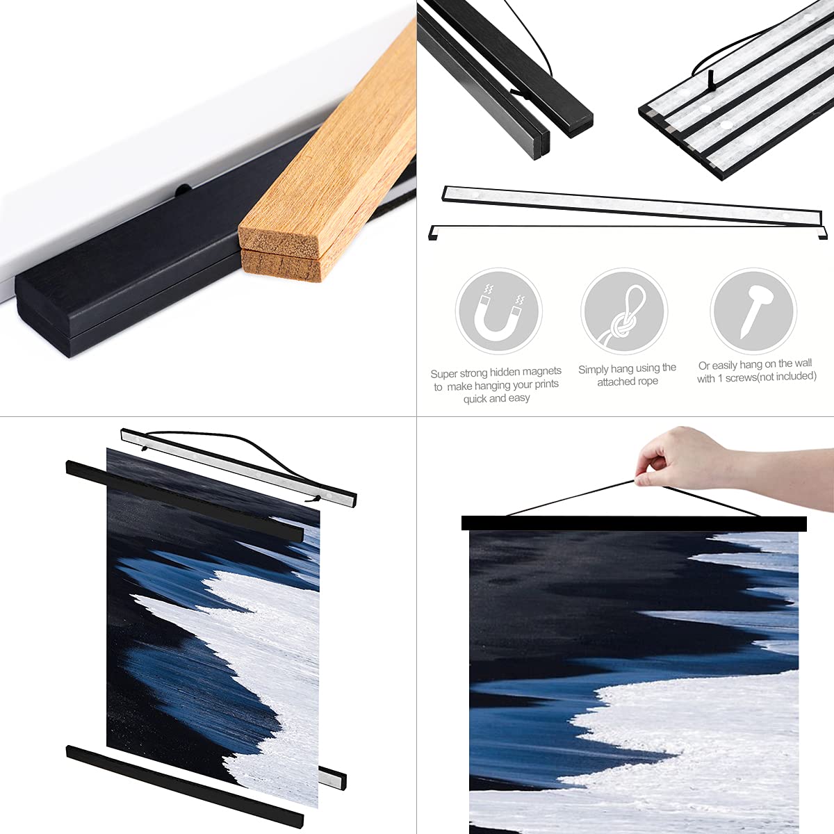 Magnetic Poster Hanger, 12x18 12x16 12x24 Poster Frame Wood Wooden Magnet Print Posters Dowel Scroll Hanger Hangers Hanging Kit for Walls Map Canvas Artwork (Black, 12")