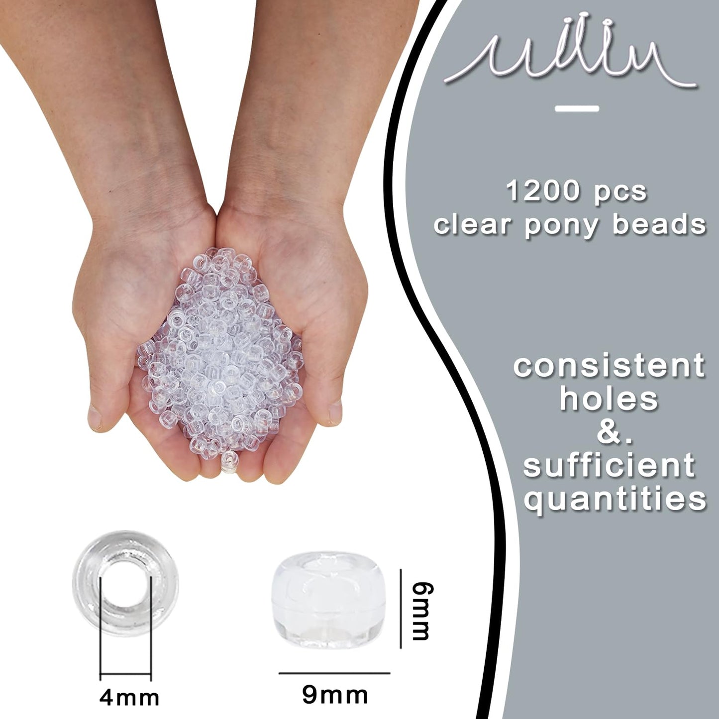 MIIIM 1200PCS 6x9mm Clear Pony Beads Bulk, Kandi Beads for Bracelets Making Kit, Hair Braids Craft for Jewelry Making (Clear)