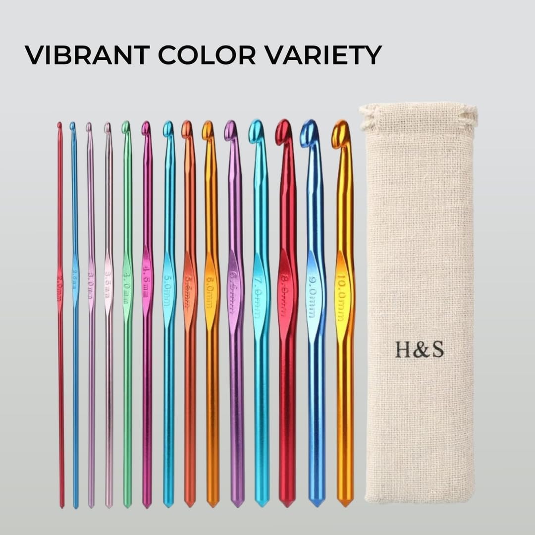 H&S Crochet Hooks Set Aluminium 14pcs Needles with Pouch Case 2mm 2.5mm 3mm 3.5mm 4mm 4.5mm 5mm 5.5mm 6mm 6.5mm 7mm 8mm 9mm 10mm