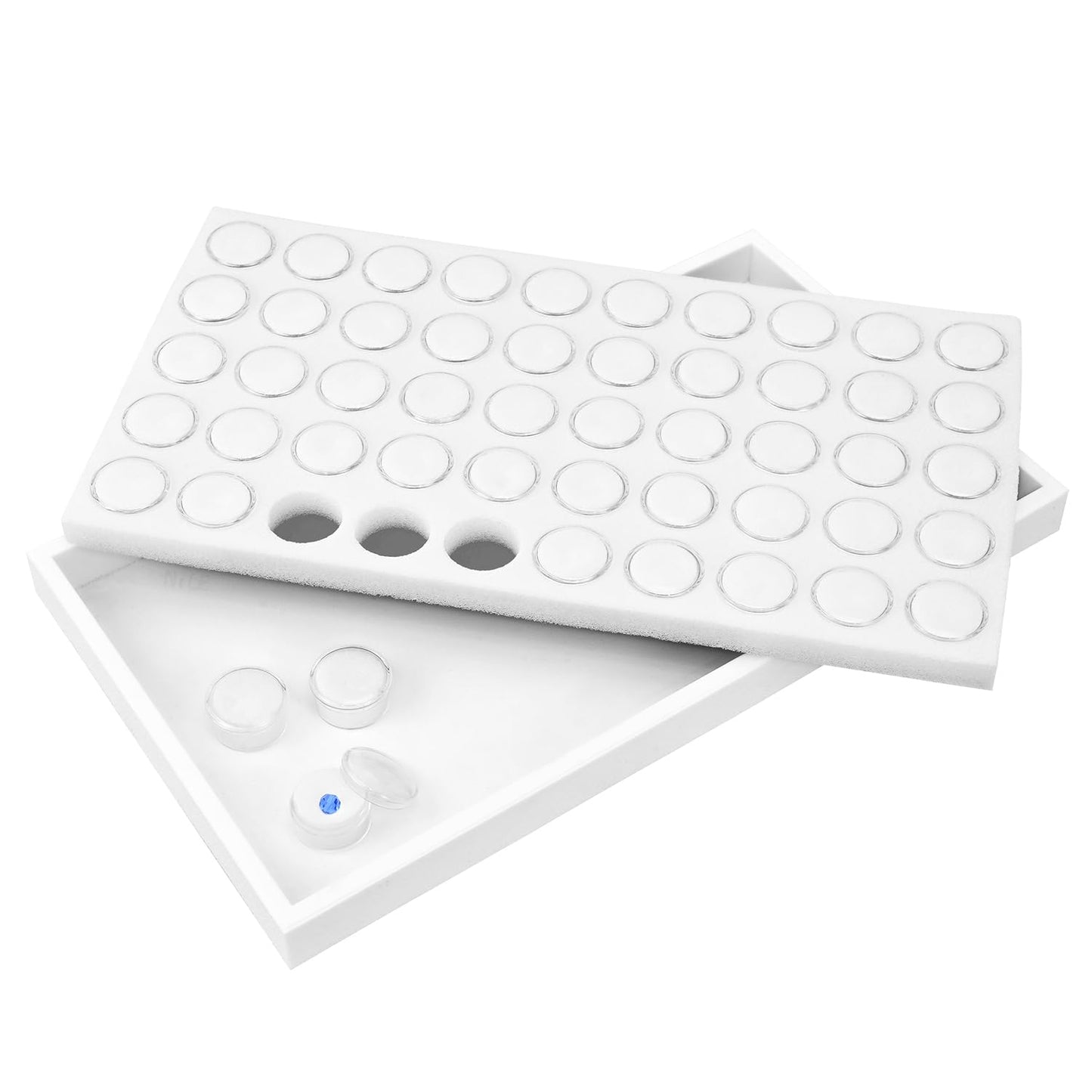 Ikee Design 50 White Foam Gem and Bead Storage Jars Showcase Stackable Display Tray Storage Box for Collectibles, Home Organization, 14.75 W x 8.25 D x 1 H in
