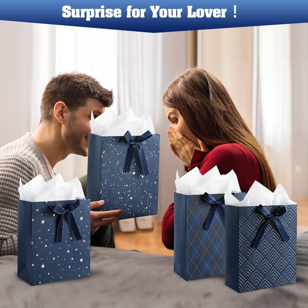 4 Pack 13" Large Size Gift Bags Assorted Premium Blue Gift Bags with Tissue Paper Use for Birthdays, Baby Shower,weddings,Party Favor, Holiday Presents-10" X 5" X 13"
