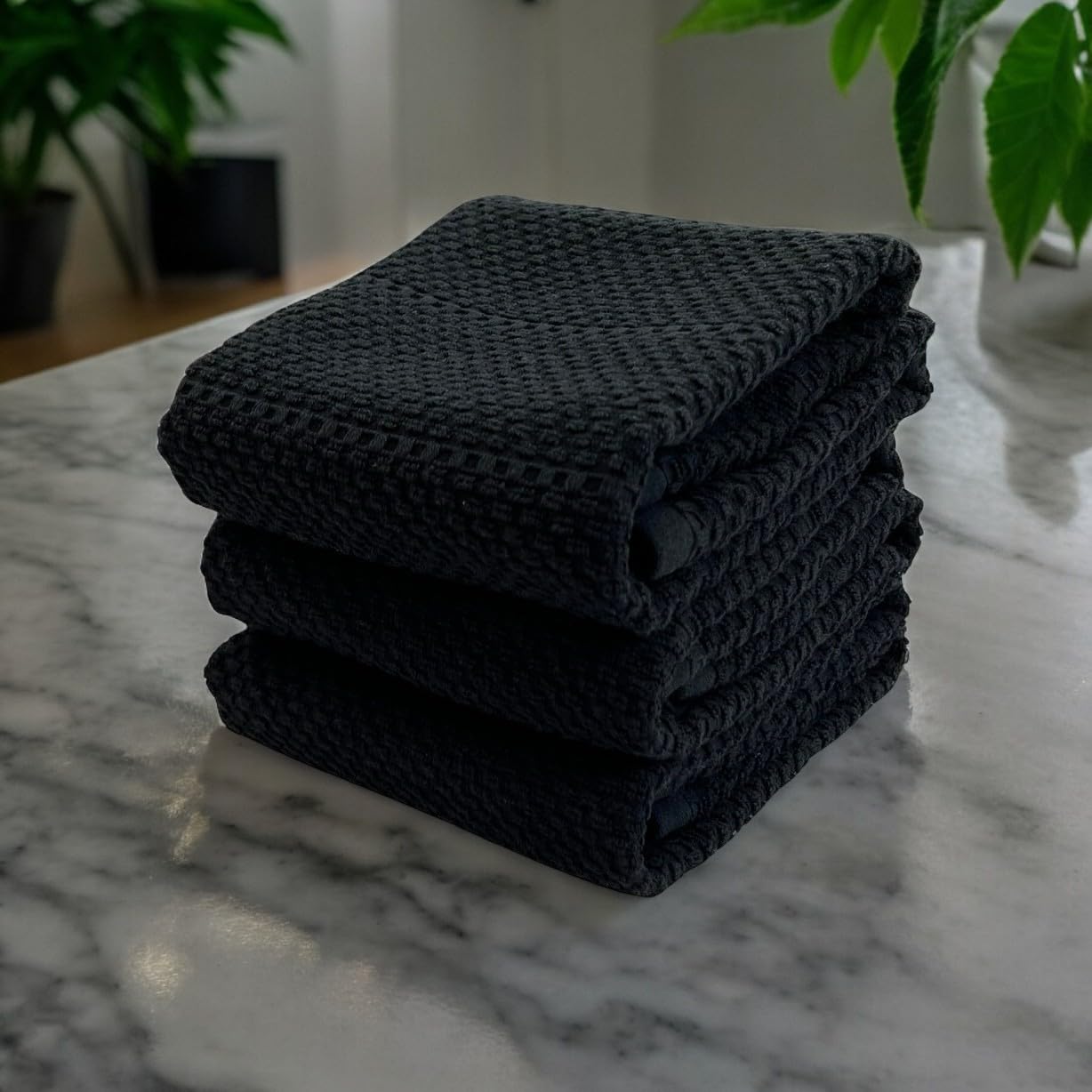 Black Textured Kitchen Hand Dish Towels 100% Cotton Cloth Soft Cleaning Drying Absorbent Terry Loop: Set of 3 Multipurpose for Everyday Use