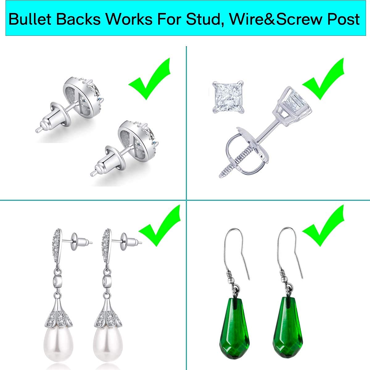 Catinee Locking Earring Backs for Studs, 14k Plated White Gold Earring Backs Secure, Hypoallergenic - 6pcs/3pair