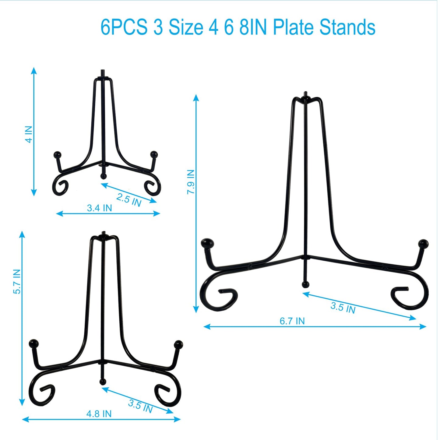 6PCS 3 Size Black Iron Plate Stands for Display 4 6 8 Inch, Decorative Metal Plate Holders for Displaying, Mini Easel Stand, Frame, Book, Card, Plaque, Bowl, Picture Stands for Display