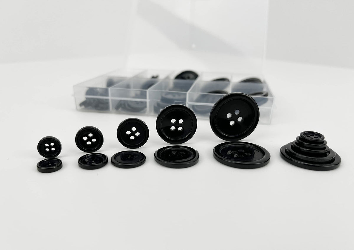 Wennuo 100Pcs Black Sewing Buttons Kit, Including Needle, Sewing Thread, and Threader,5 Sizes 4-Hole Craft Buttons, Suitable for Sewing,Clothes,Suit Coat Shirt Buttons，DIY Decoration (Black)