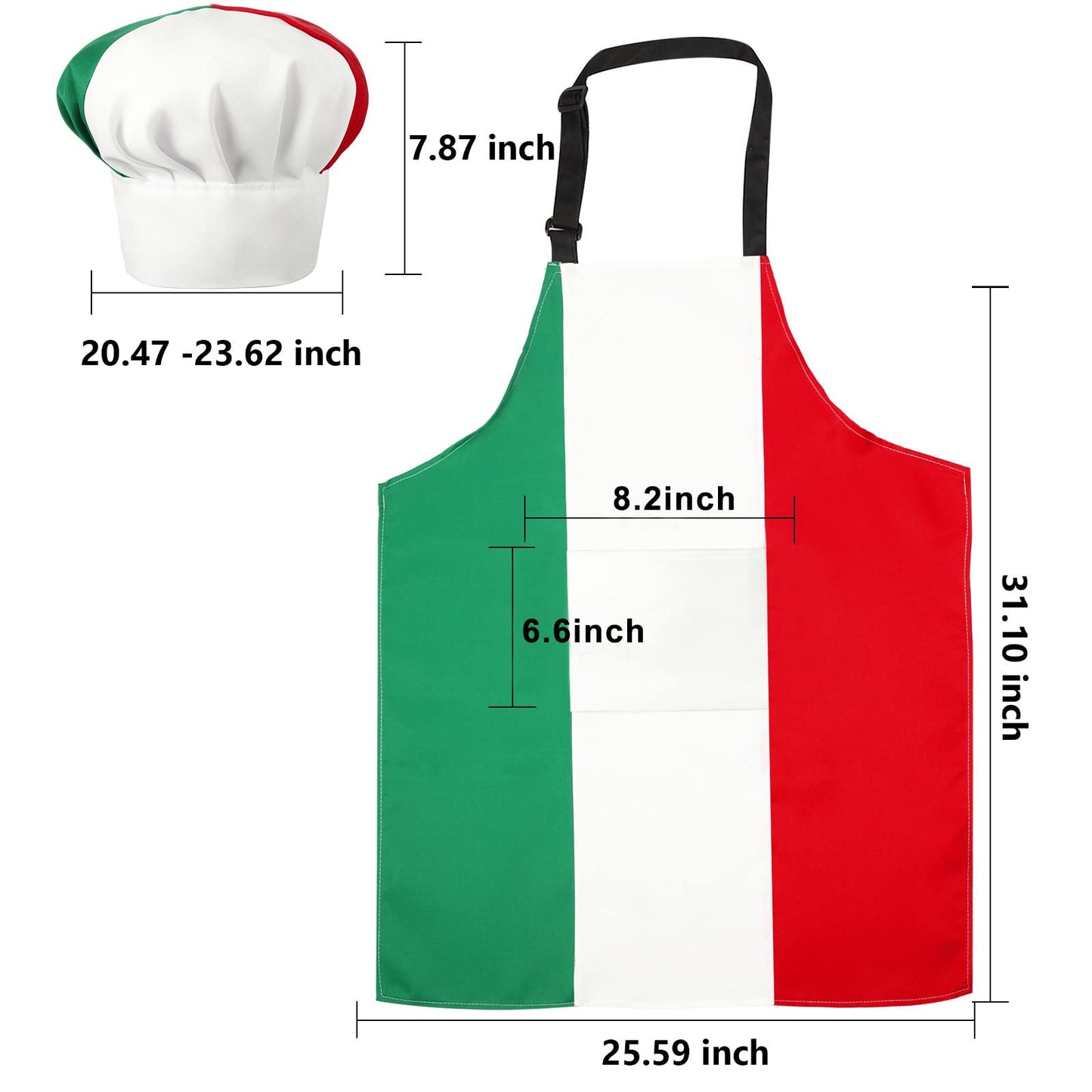 Chef Hat and Apron Italian flag Patriotic Fabric Adjustable Baking with pocket italy cooking baking Apron for Women Men
