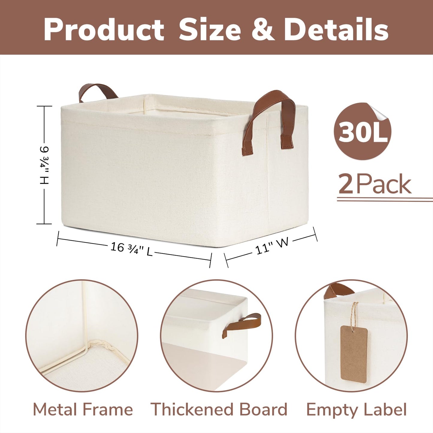 CHICVITA Large Storage Bins Storage Baskets for Organizing, Closet Organizers and Storage, Small Laundry Basket, Closet Storage Bins for Shelves, 16 ¾" L x 11" W x 9 ¾" H, Beige, 2-Pack