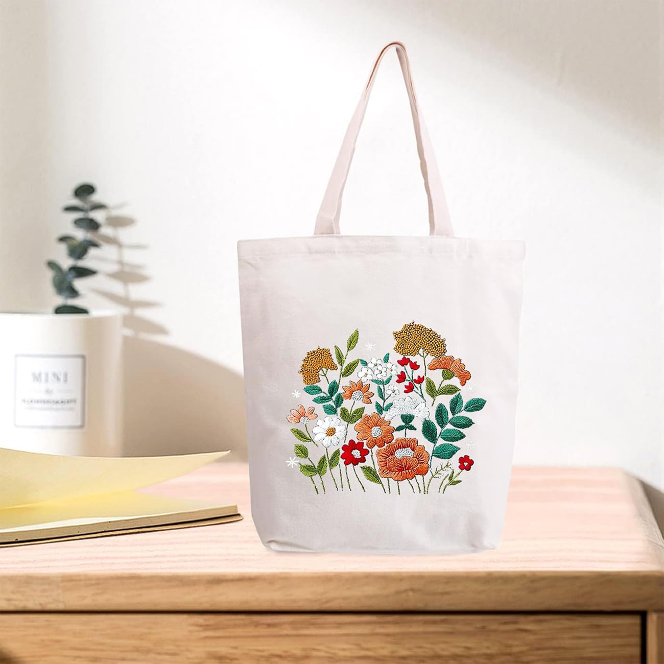Canvas Tote Bag Embroidery Kit with Pattern for Beginners, Arts and DIY Crafts Kits for Adults, Include Instructions Embroidery Bag, Embroidery Hoops, Color Threads and Tool