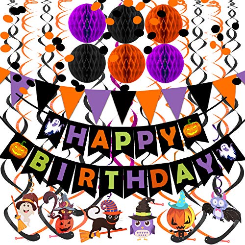 Happy Birthday Banner Paper Triangle Flag Bunting Circle Confetti Dots Hanging Garland Honeycomb Ball Swirl Streamers for Halloween theme party Birthday party Decoration