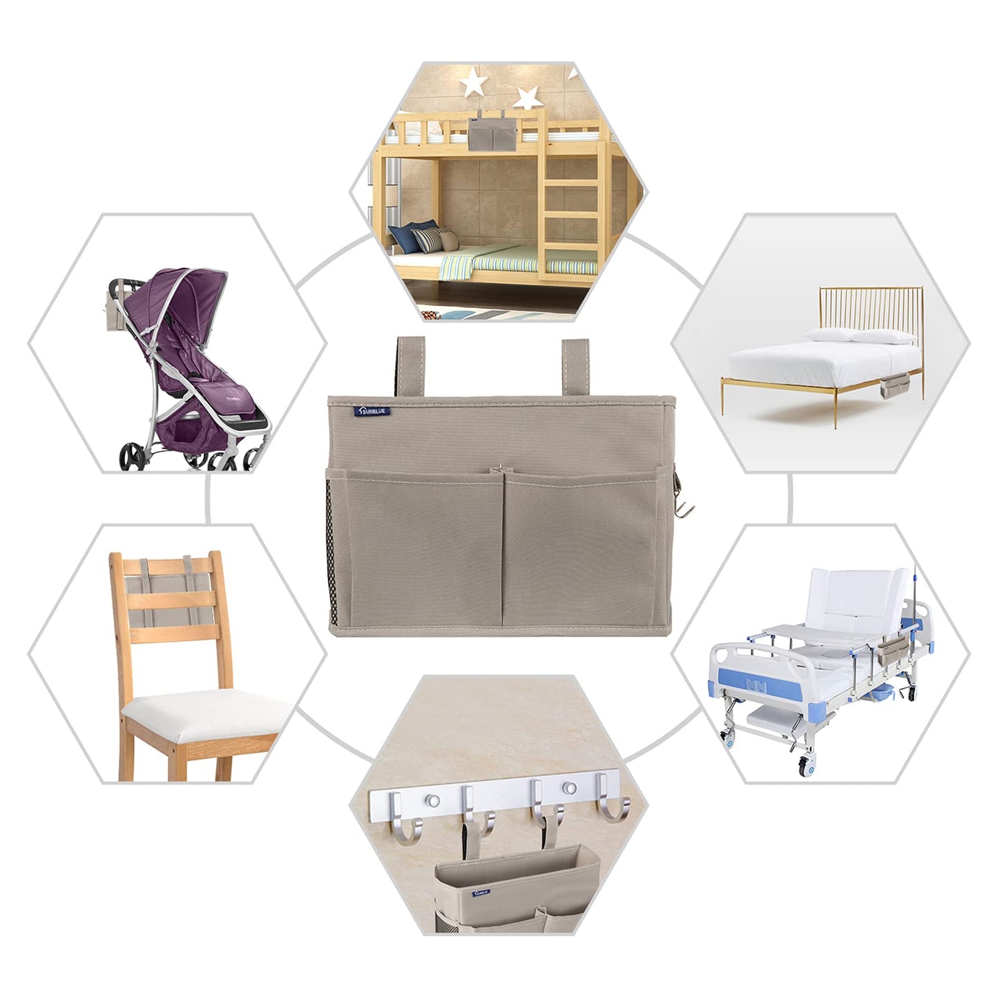 Surblue Bedside Caddy Hanging Bed Organizer Storage Bag Pocket for Bunk and Hospital Beds, College Dorm Rooms Baby Bed Rails,Camp 4 Pockets and 2 Hooks (Gray)